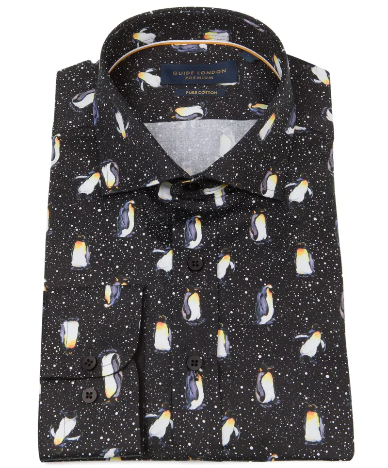 Guide London Mens Penguin Print Shirt Black