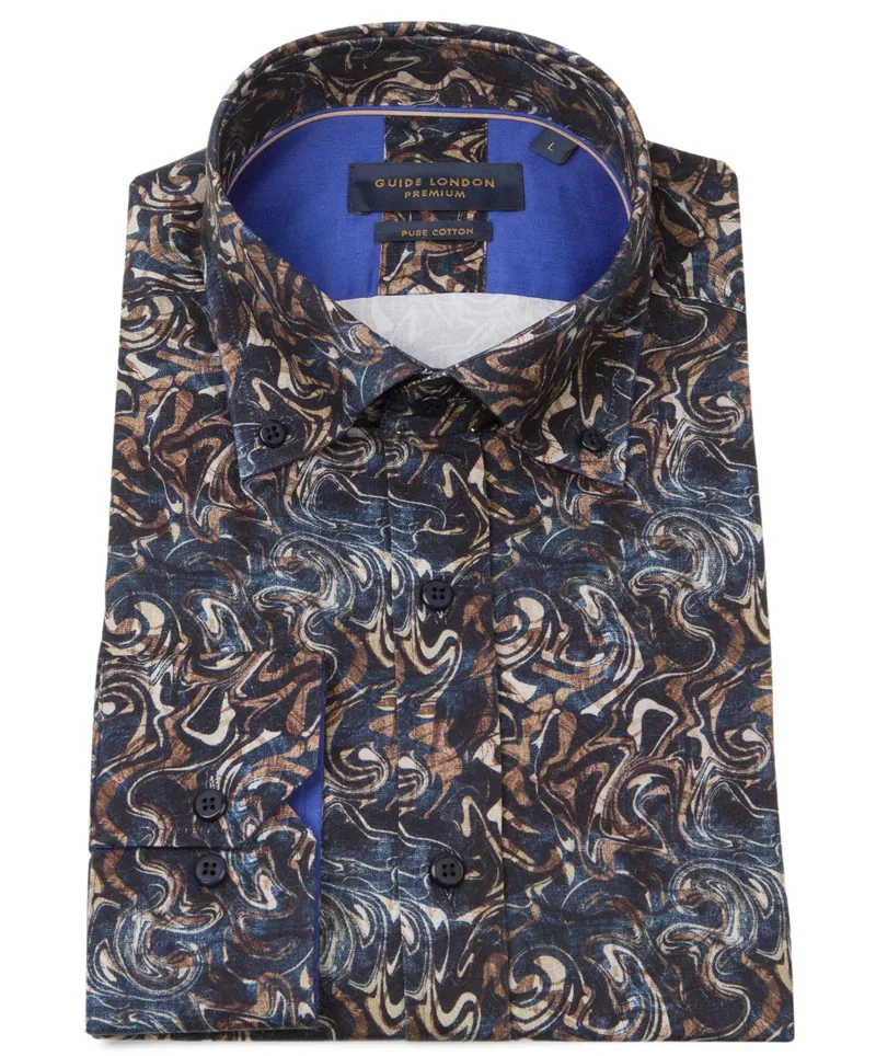 Guide London Abstraction Swirl Print Shirt Navy/Tan