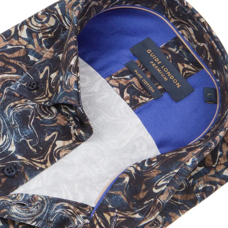 Guide London Abstraction Swirl Print Shirt Navy/Tan-1