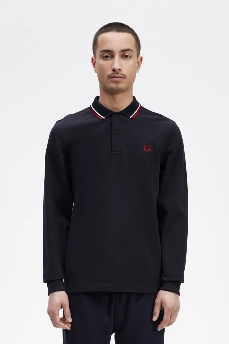 Fred Perry Long Sleeve Polo T-shirt Navy / White / Red LARGE ONLY-3