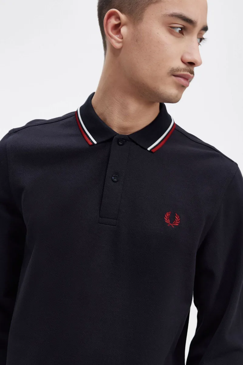 Fred Perry Long Sleeve Polo T-shirt Navy / White / Red LARGE ONLY-5