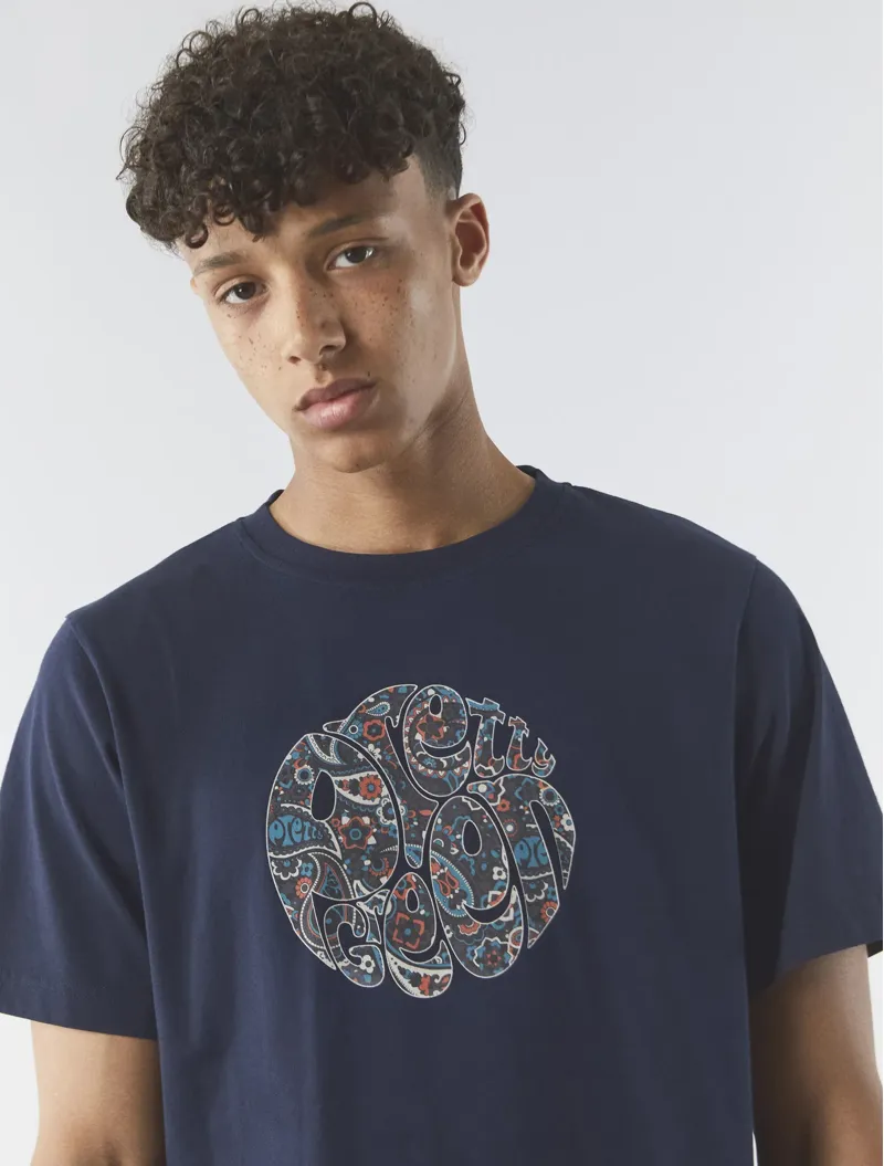 Pretty Green Wonderwall Paisley Logo T-shirt Navy-3