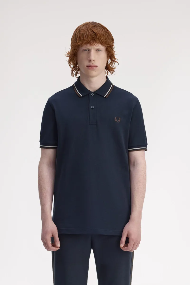 Fred Perry M3600-52A Polo T-shirt Navy / Warm Oat / Burnt Tobacco-3