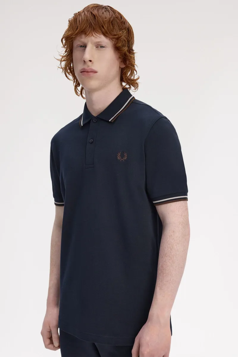 Fred Perry M3600-52A Polo T-shirt Navy / Warm Oat / Burnt Tobacco-5