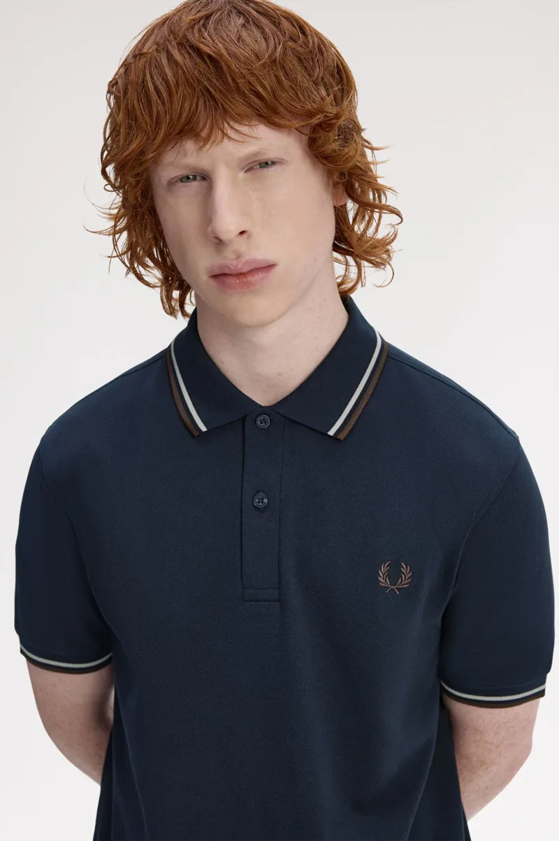 Fred Perry M3600-52A Polo T-shirt Navy / Warm Oat / Burnt Tobacco-6