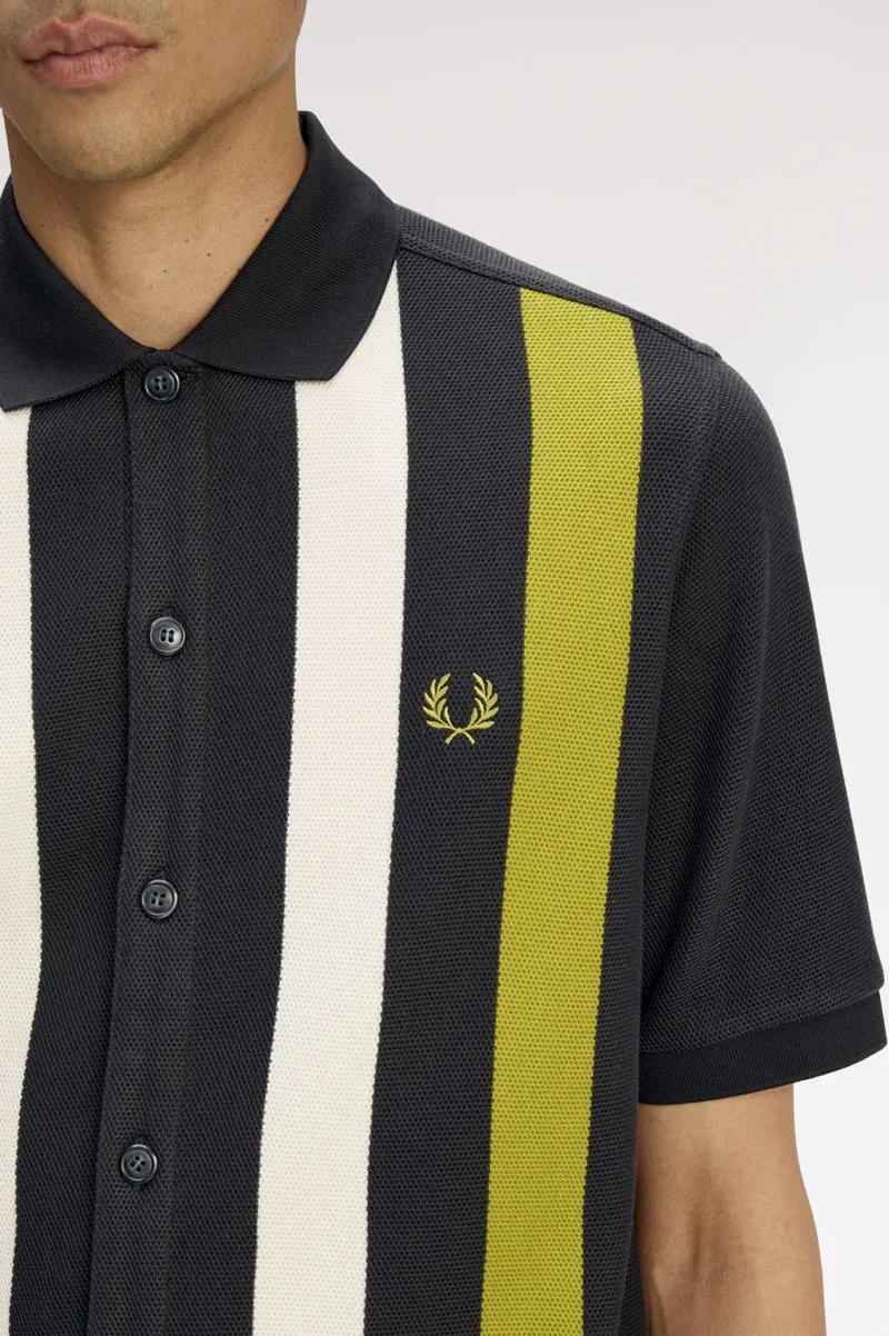 Fred Perry Vertical Stripe Polo Shirt Anchor Grey / Tennis Ball Yellow-1