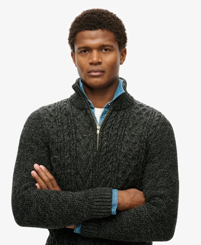Superdry Jacob Cable Knit Half Zip Black Twist-4