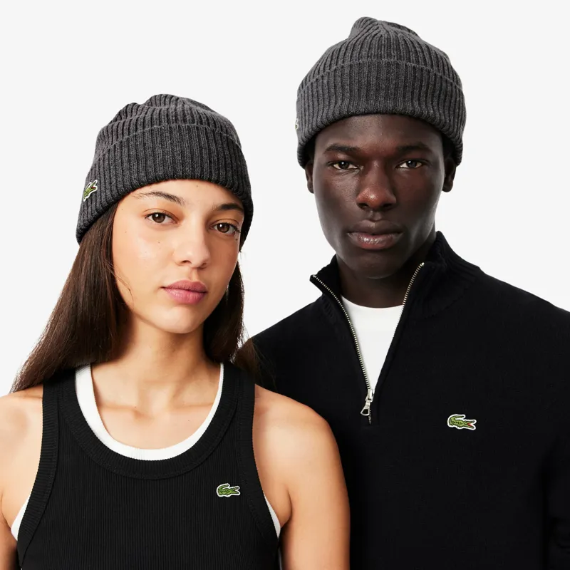 Lacoste Ribbed Wool Beanie Grey-3