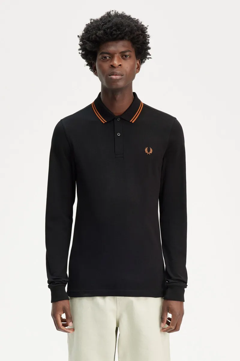 Fred Perry Long Sleeve Polo Shirt Black/Marmalade MEDIUM and LARGE ONLY-5