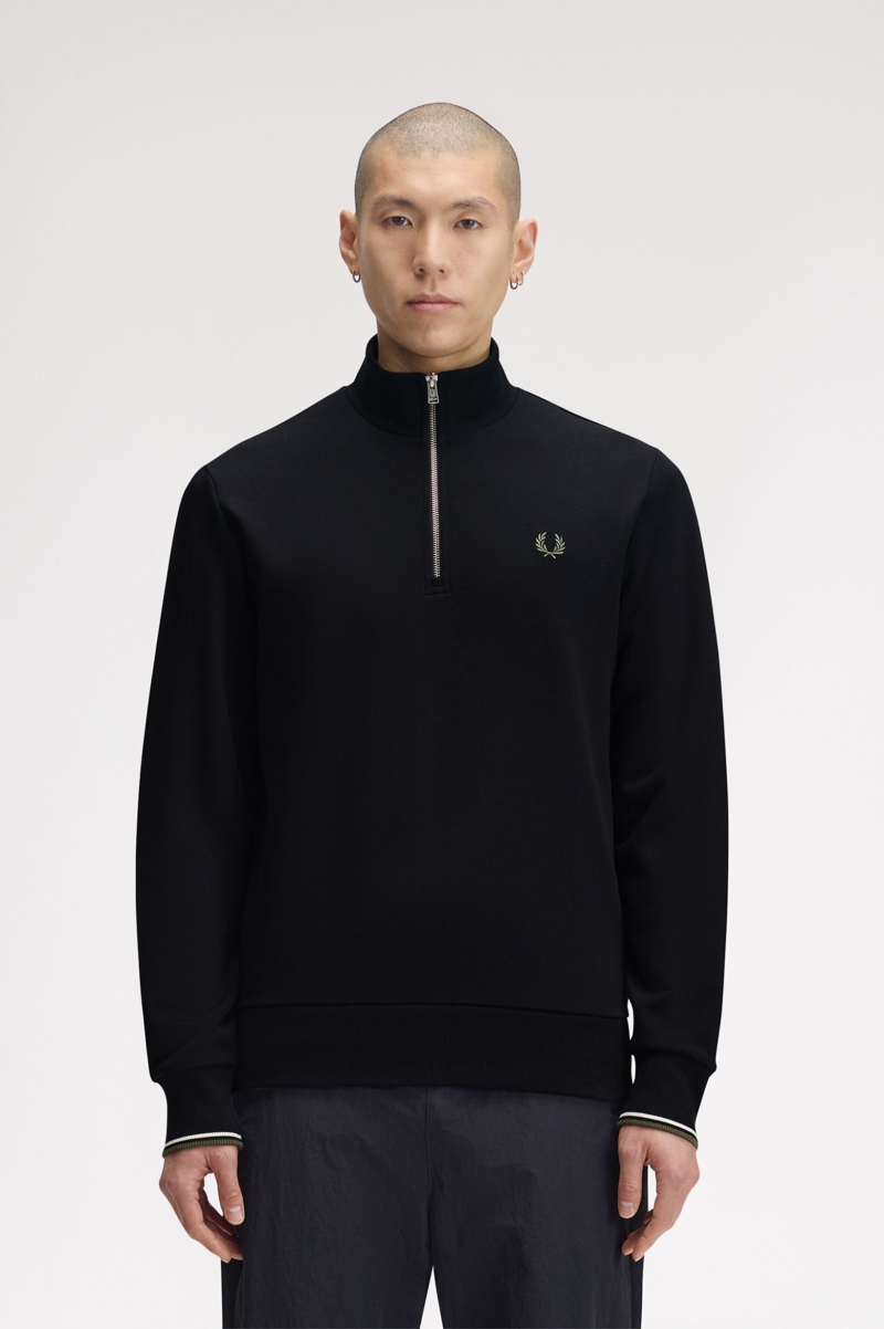 Fred Perry Half Zip Sweatshirt Black / Ecru / Green-1