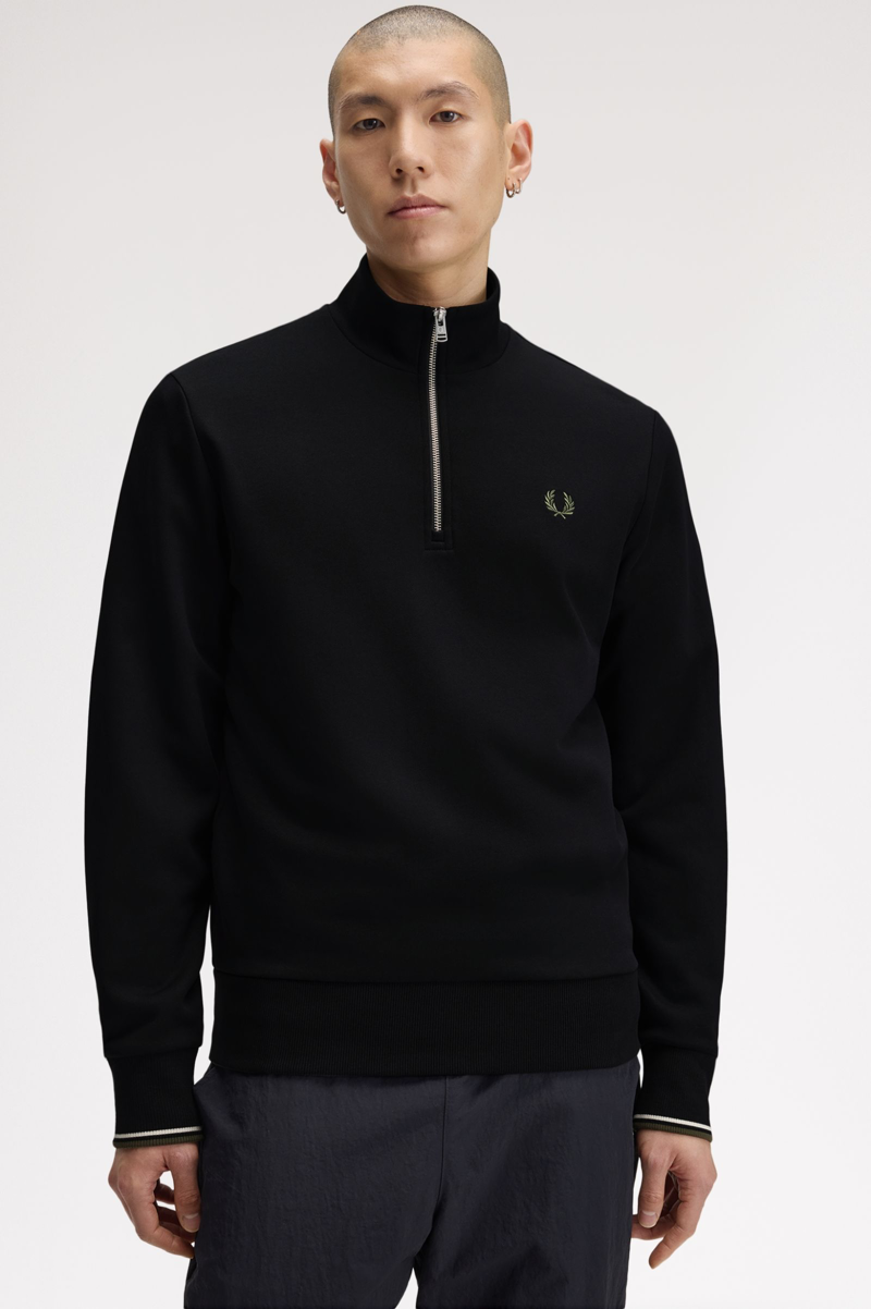 Fred Perry Half Zip Sweatshirt Black / Ecru / Green-3
