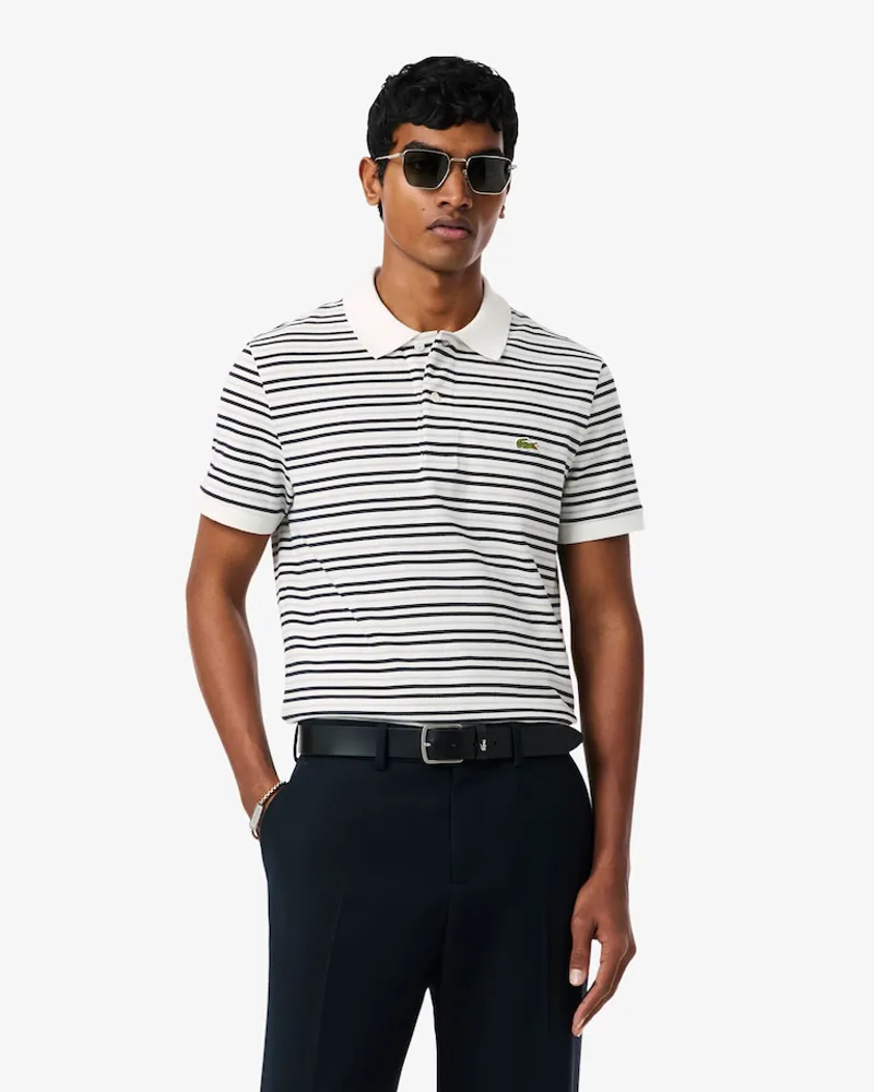 Lacoste Classic Fit Striped Pique Polo T-shirt White-4