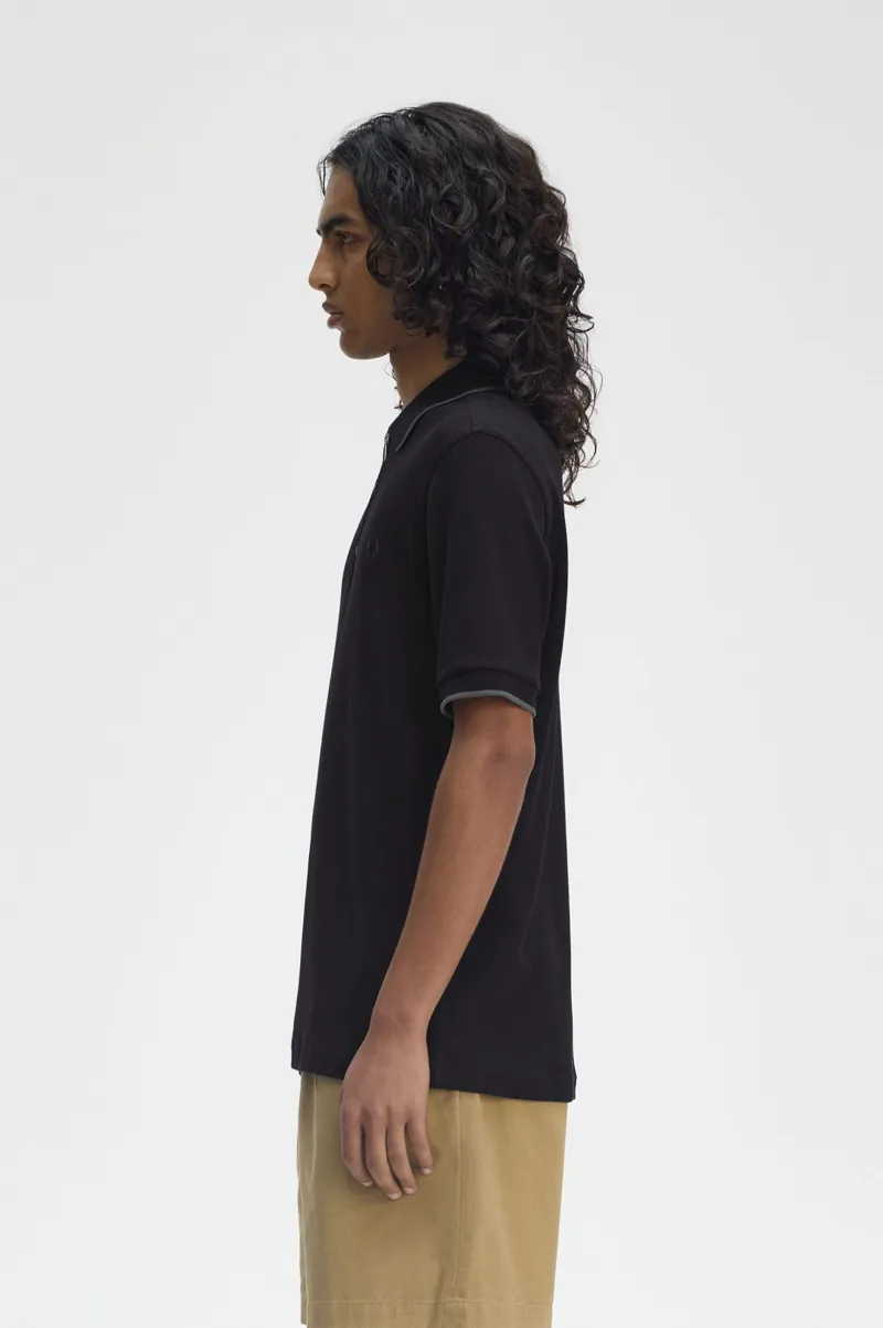 Fred Perry Textured Zip Neck Polo T-shirt Black-2