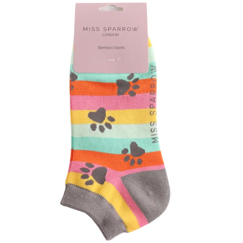 Miss Sparrow Bamboo Paw Print Trainer Socks Bright-1