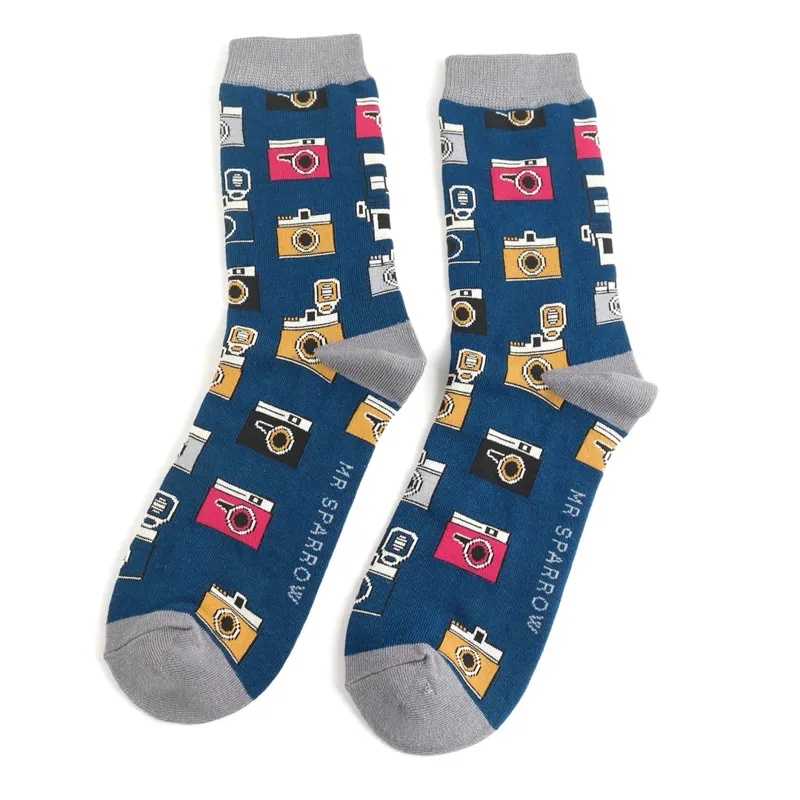 Mr Heron MR072 Bamboo Socks Retro Cameras Navy
