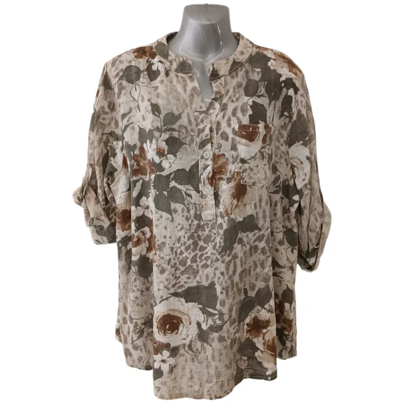 Beau Moda grandad collar floral blouse Beige
