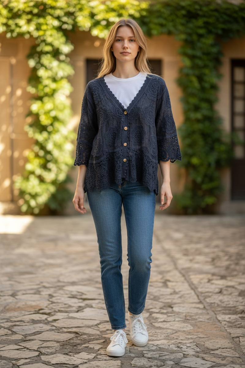 Paradiso lace button up top Navy