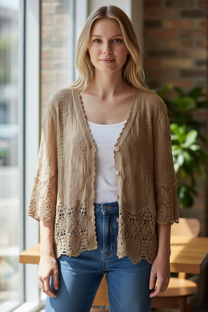 Paradiso lace button up top Beige