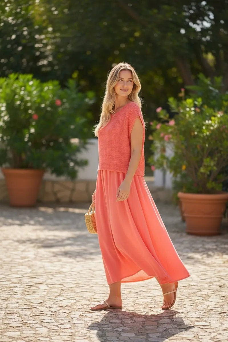 Goose Island long length crochet dress Coral