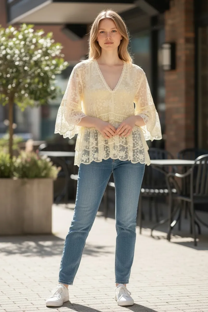 Goose Island embroidered floaty top Lemon