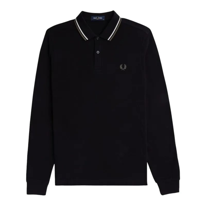 Fred Perry Long Sleeve Polo Shirt Black / Ecru / Green