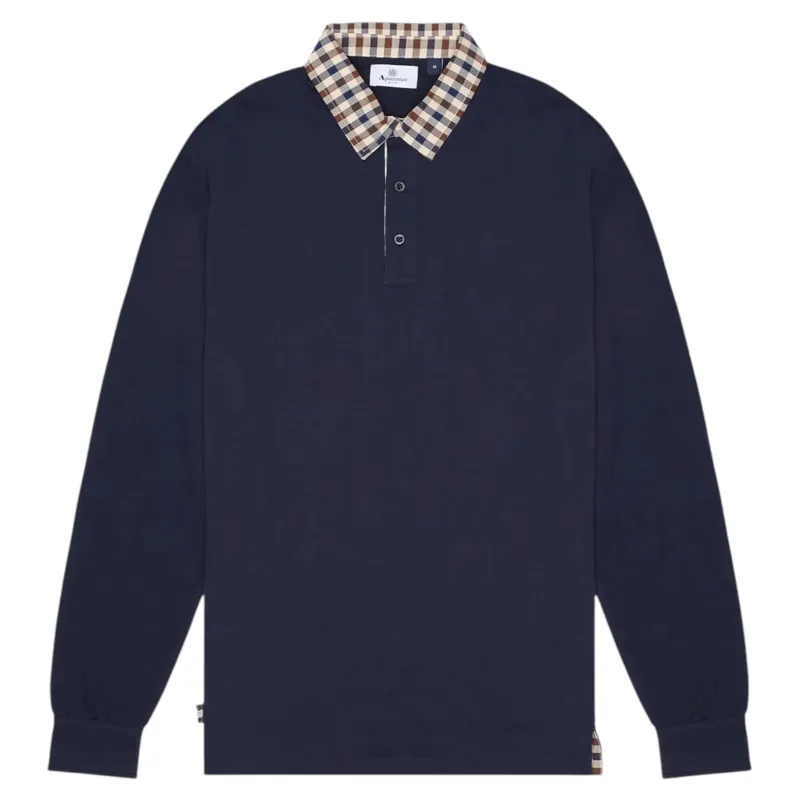 Aquascutum Longsleeve Club Check Collar Polo Navy
