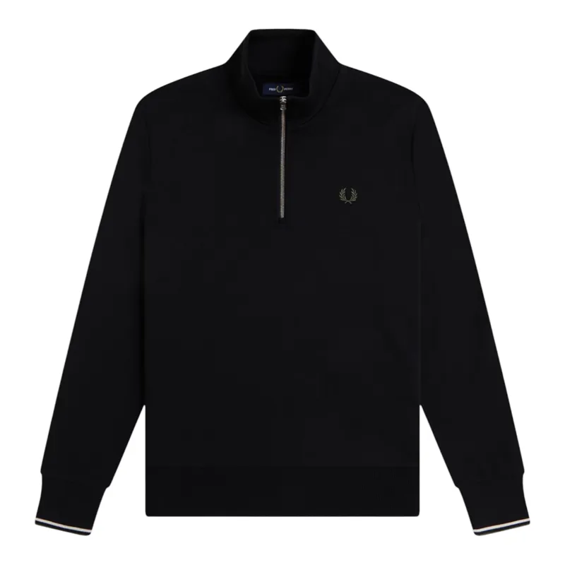 Fred Perry Half Zip Sweatshirt Black / Ecru / Green