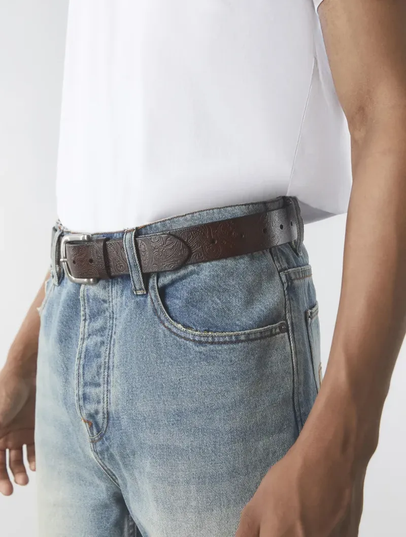 Pretty Green Paisley Embossed Leather Belt Brown-5