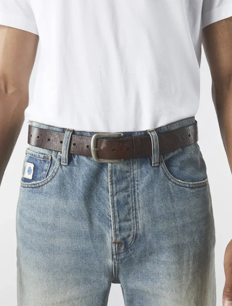 Pretty Green Paisley Embossed Leather Belt Brown-6