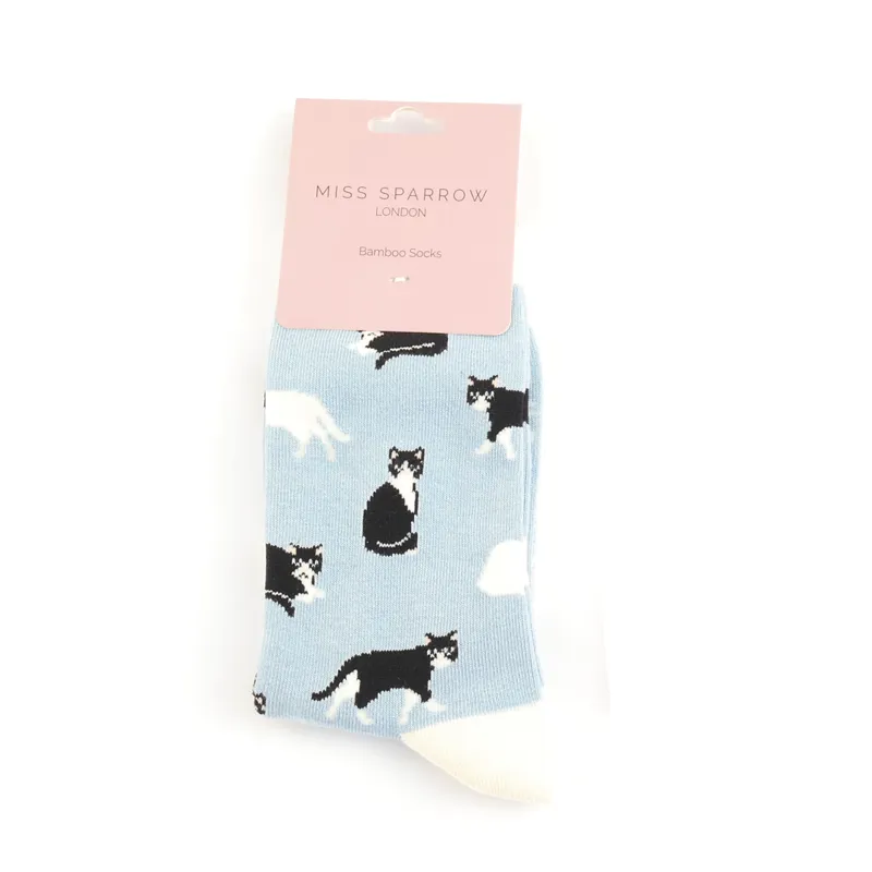 Miss Sparrow black and white cat print socks Blue-1