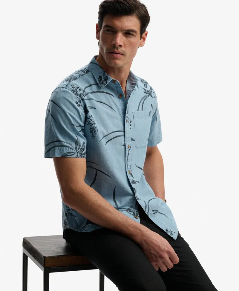 Superdry Vintage Loom Short Sleeve Shirt Mid Wash Blue Hawaiian-1