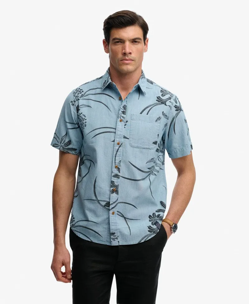 Superdry Vintage Loom Short Sleeve Shirt Mid Wash Blue Hawaiian