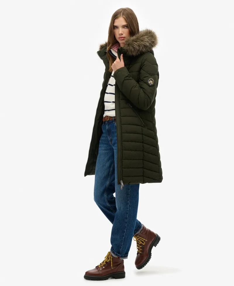 Superdry Fuji Faux Fur Hood Mid Length Jacket Olive-2