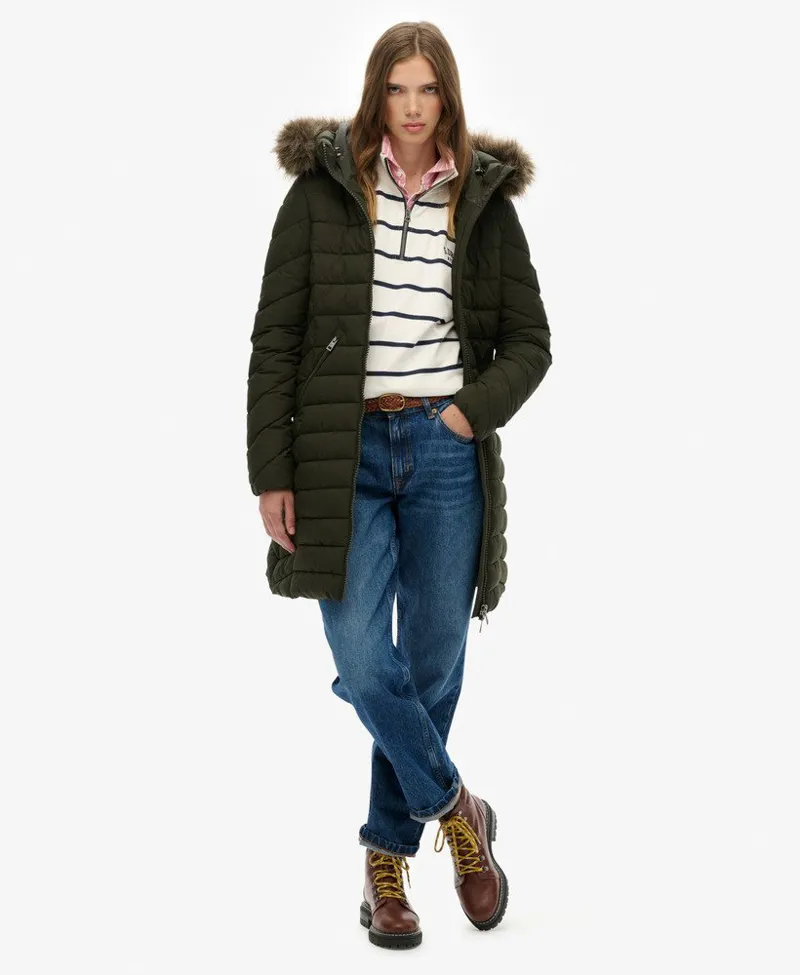 Superdry Fuji Faux Fur Hood Mid Length Jacket Olive-4