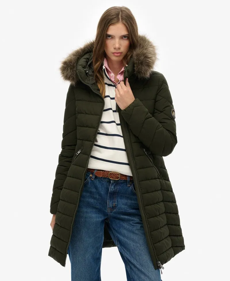Superdry Fuji Faux Fur Hood Mid Length Jacket Olive-6