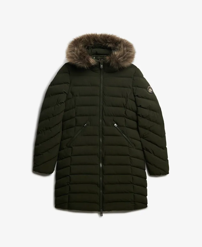 Superdry Fuji Faux Fur Hood Mid Length Jacket Olive