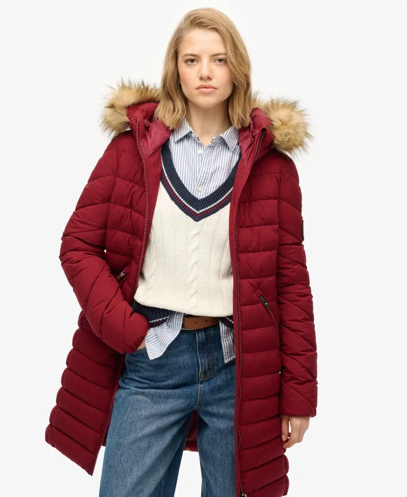 Superdry Fuji Faux Fur Hood Mid Length Jacket Wine-5
