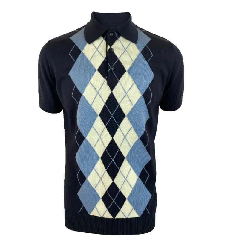 Trojan Argyle Knitted Polo T-shirt Navy