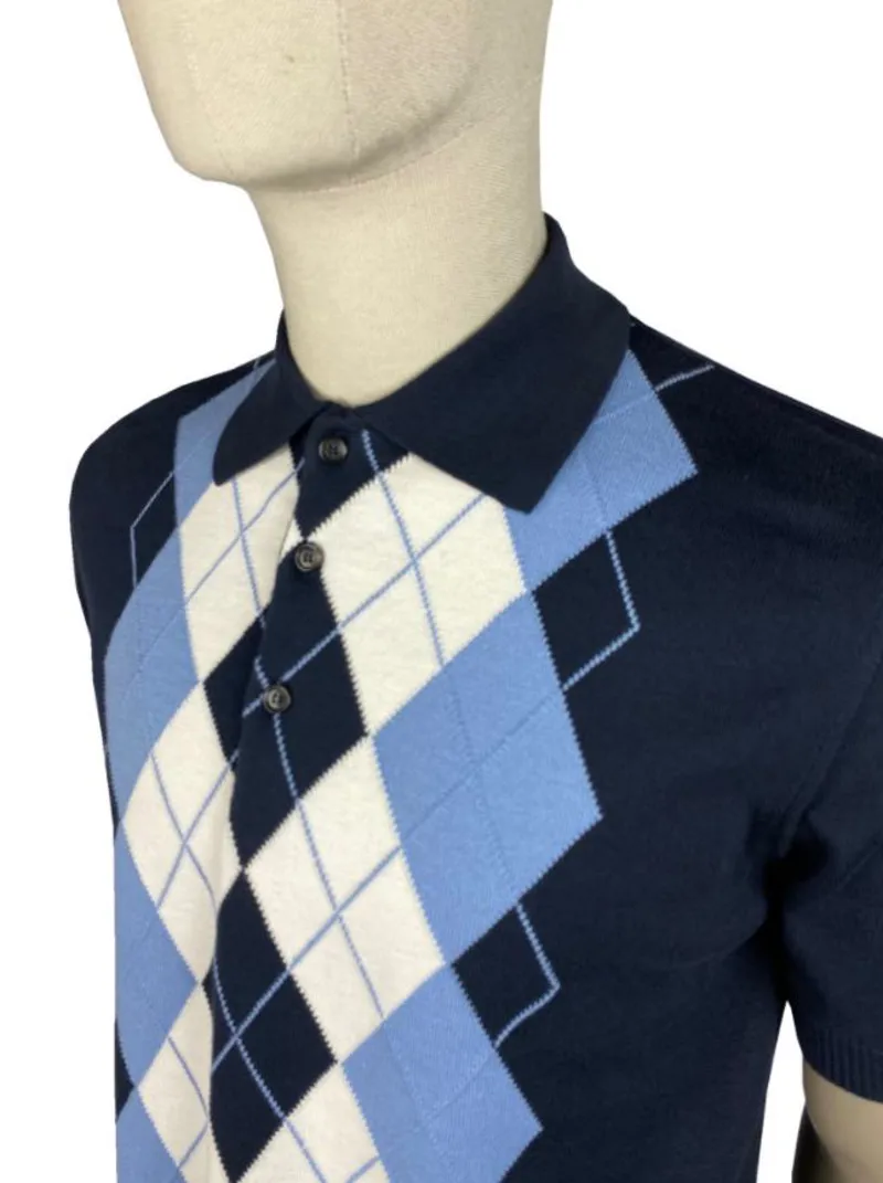 Trojan Argyle Knitted Polo T-shirt Navy-1