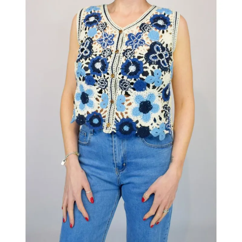 Paradiso cropped floral crochet cardigan Blue