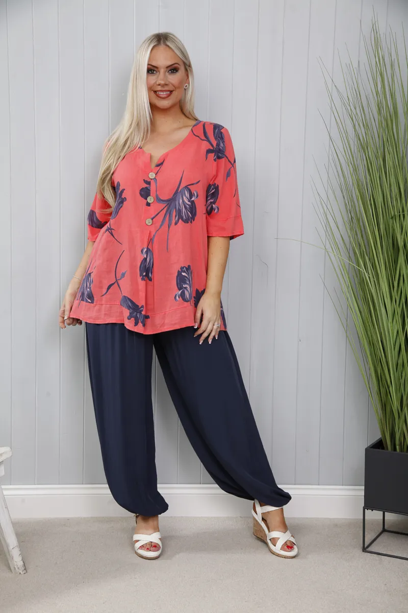 Goose Island Linen Tulip Button Top Coral-1