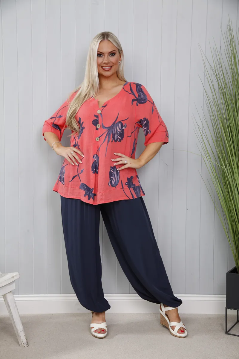 Goose Island Linen Tulip Button Top Coral-2