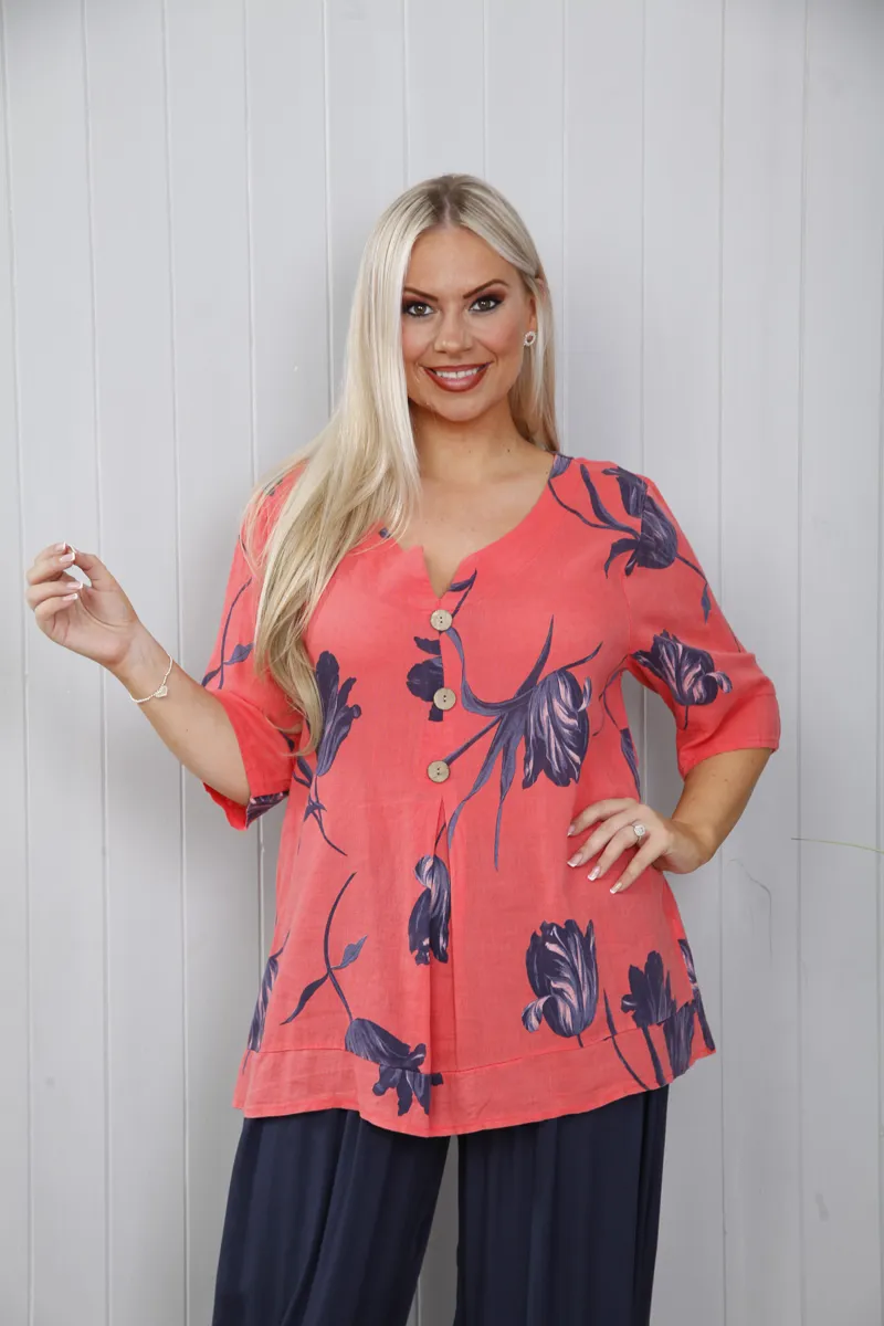 Goose Island Linen Tulip Button Top Coral-3