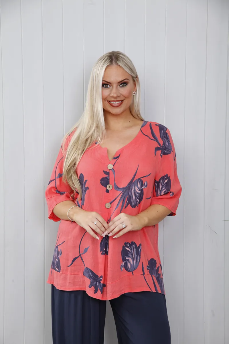 Goose Island Linen Tulip Button Top Coral-4