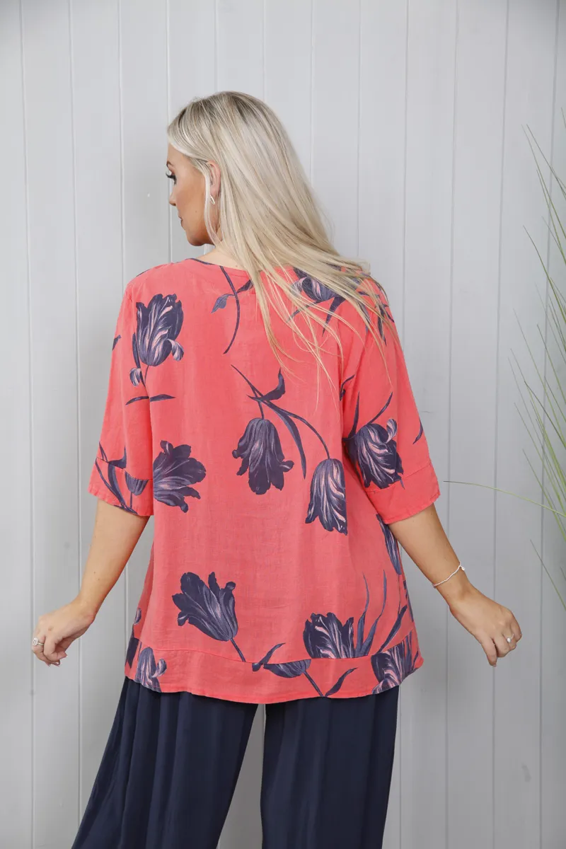 Goose Island Linen Tulip Button Top Coral-6