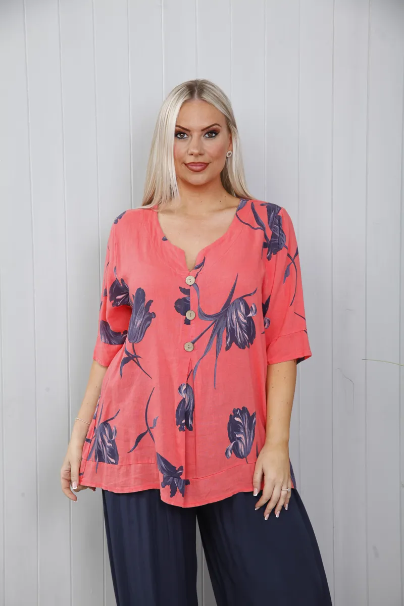 Goose Island Linen Tulip Button Top Coral-7