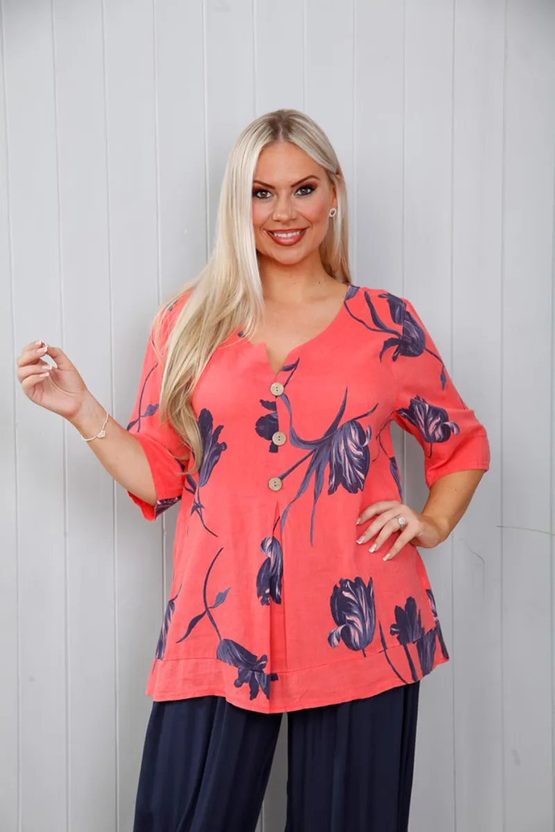 Goose Island Linen Tulip Button Top Coral