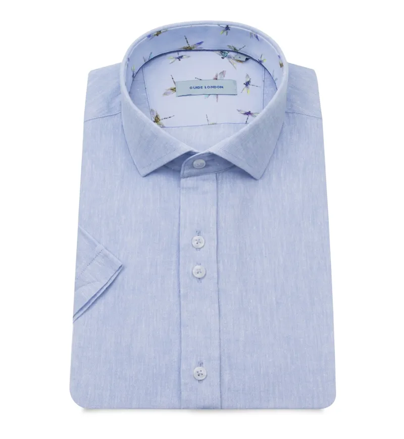 Guide London Linen Mix Short Sleeve Shirt Sky 