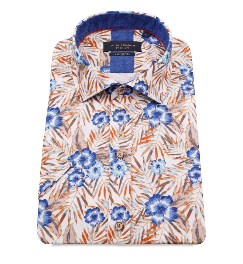 Guide London Vibrant Floral Print Short Sleeve Shirt  Tan 
