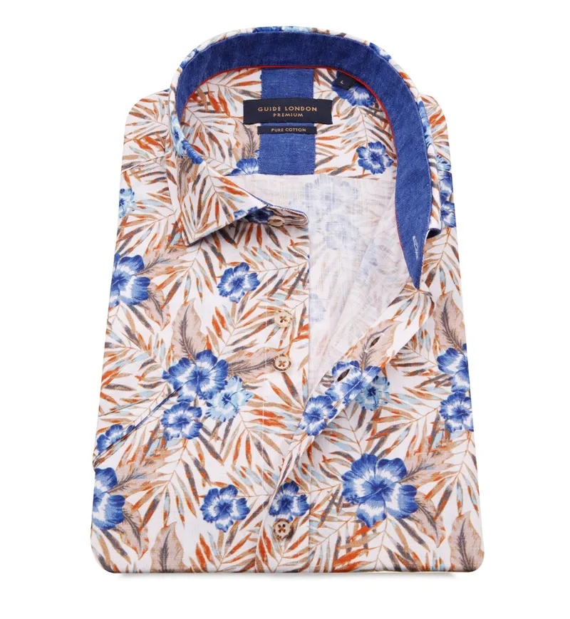 Guide London Vibrant Floral Print Short Sleeve Shirt  Tan -1